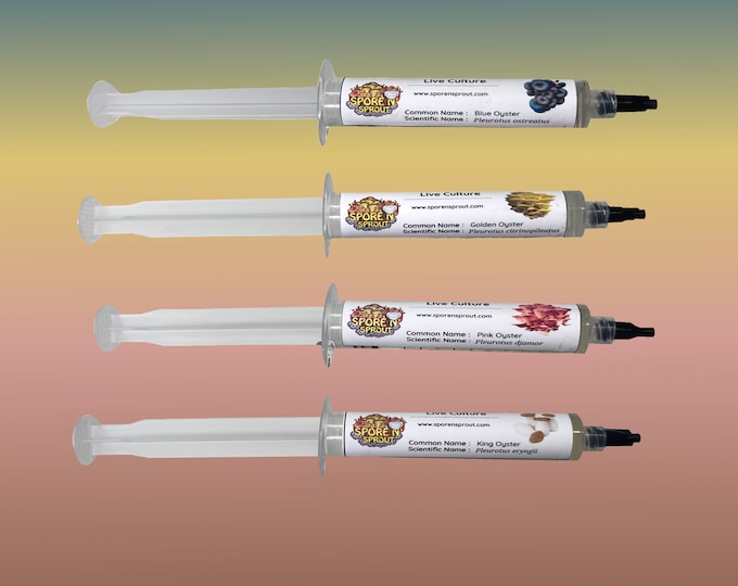 4 Pack Oyster Mushroom Liquid Culture Blue, Gold, Pink and King Oyster