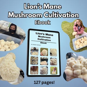 May include: An ebook titled "Lion's Mane Mushroom Cultivation" is displayed on a tablet, surrounded by images of the mushrooms. The cover of the ebook is visible, along with the text "127 pages!" and images of the mushrooms.
