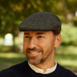 Irish - Donegal Tweed Flat Cap - Charcoal Herringbone - Ireland - Handcrafted - Unisex