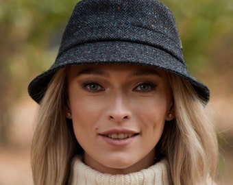 Irish Donegal Tweed Bucket Hat  -  Charcoal Donegal Fleck Herringbone   - Ireland - Handcrafted - Unisex