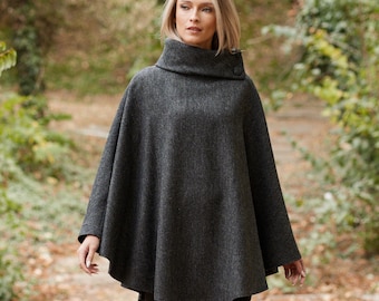 Irish - Donegal Tweed Cape / Poncho - Classic Charcoal Herringbone    - Ireland - Handcrafted - Ladies - One Size - Long