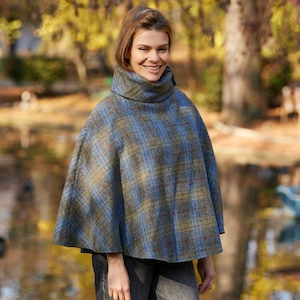 Irish - Donegal Tweed Cape/Poncho -Blue / Mustard Plaid  - Ireland - Handcrafted - Ladies - One Size