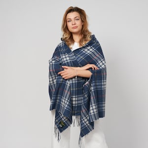 Irish Lambswool Wrap/Shawl  -Blue Plaid   - Handcrafted - One Size