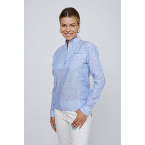 Classic Irish Linen Grandfather Shirt - Donegal Blue Stripe  - Handcrafted - Ladies
