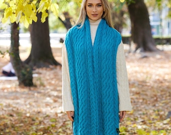 Irish - 100% Merino Wool Aran  Scarf  - Irish Turquoise   - Handmade - Ireland - One Size - Unisex