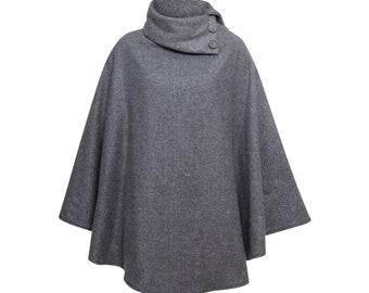 Iers - 100% kasjmier cape/poncho - klassieke grijze visgraatmotief - Ierland - handgemaakt - dames - one size - lang