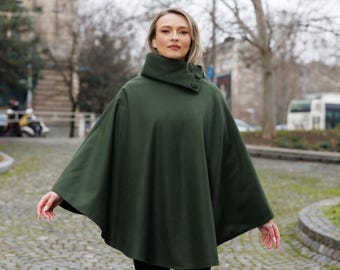 Irish - Donegal Tweed Cape / Poncho - Olive  Herringbone  - Ireland - Handcrafted - Ladies - One Size - Long