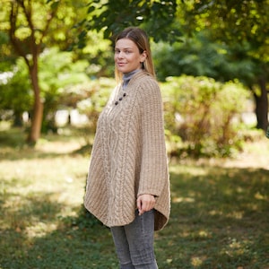 Irish - Traditional Pure Wool  Aran Poncho -  Sand  - Ireland - Handcrafted - Ladies - One Size