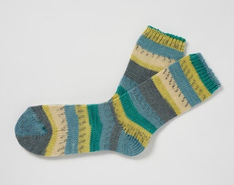 Irish Wool Walking Socks - Green/Yellow Fairisle - Handcrafted - Size M =  UK 4-7 (EUR 37- 41 / US 5.5 - 8.5)
