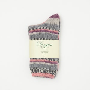 Irish Wool Walking Socks - Grey/Pink  Fairisle - Handcrafted - Size M =  UK 4-7 (EUR 37- 41 / US 5.5 - 8.5)