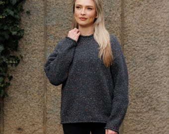 Irish Merino Wool  -  Classic Ribbed Roll Neck Fisherman Sweater - Donegal Blackstone - Ireland - Handcrafted - Unisex