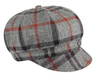 Irish - Donegal Tweed Newsboy Cap - Grey/Orange Check - Ireland - Handcrafted - Ladies