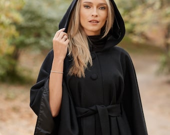Irish - Donegal Tweed Hooded Belted Cape / Poncho - Jet Black - Ireland - Handcrafted - Ladies - One Size - Long