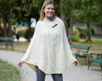 Irish - Traditional Pure Wool  Aran Poncho -  Natural  - Ireland - Handcrafted - Ladies - One Size