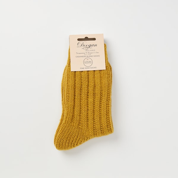 Irlandais - Chaussettes de marche en mélange de cachemire - Moutarde chaude - Taille L = UK 8-12 (EUR 42-47 / US 8,5- 12)