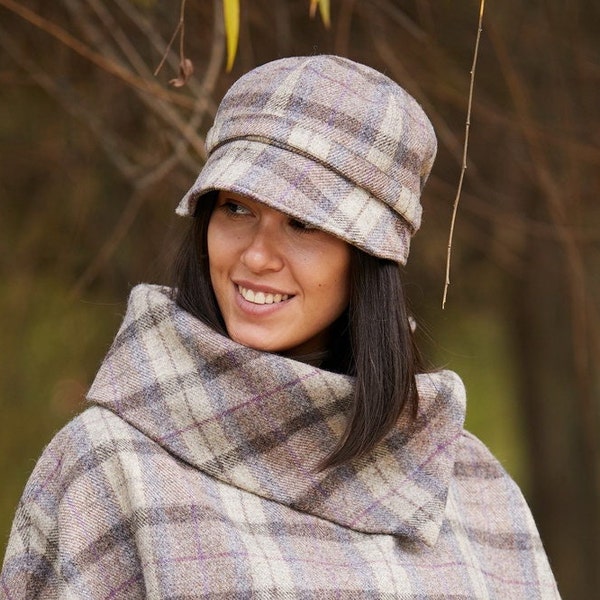 Irish - Donegal Tweed Flapper Hat - Beige/Purple  Check  - Ireland - Handcrafted - Ladies