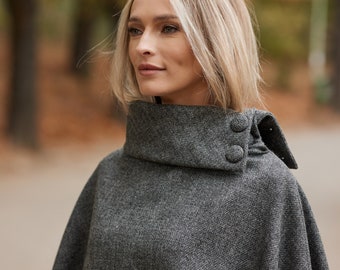 Irish - Donegal Tweed Cape / Poncho - Grey Donegal  - Ireland - Handcrafted - Ladies - One Size - Long