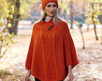 Irlandese - Tradizionale Lana Merino Aran Poncho - Arancia Bruciata - Irlanda - Artigianale - Donna - One Size