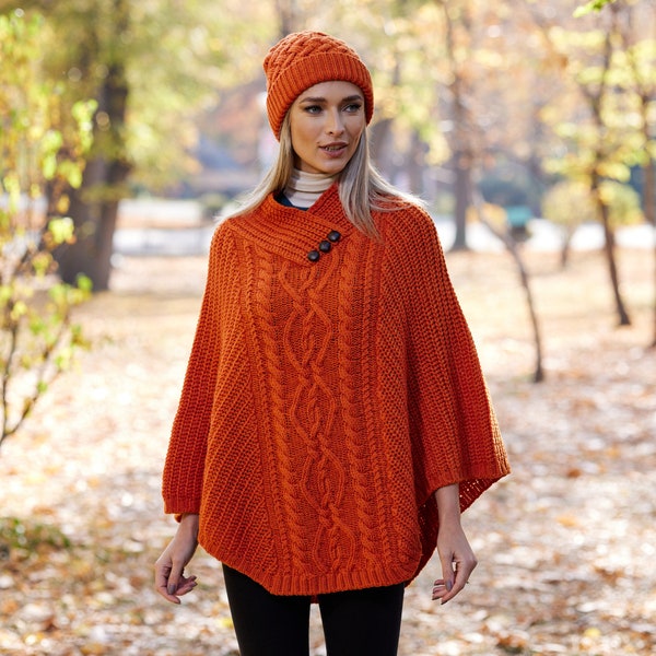 Irish - Traditional Merino Wool  Aran Poncho - Burnt Orange  - Ireland - Handcrafted - Ladies - One Size