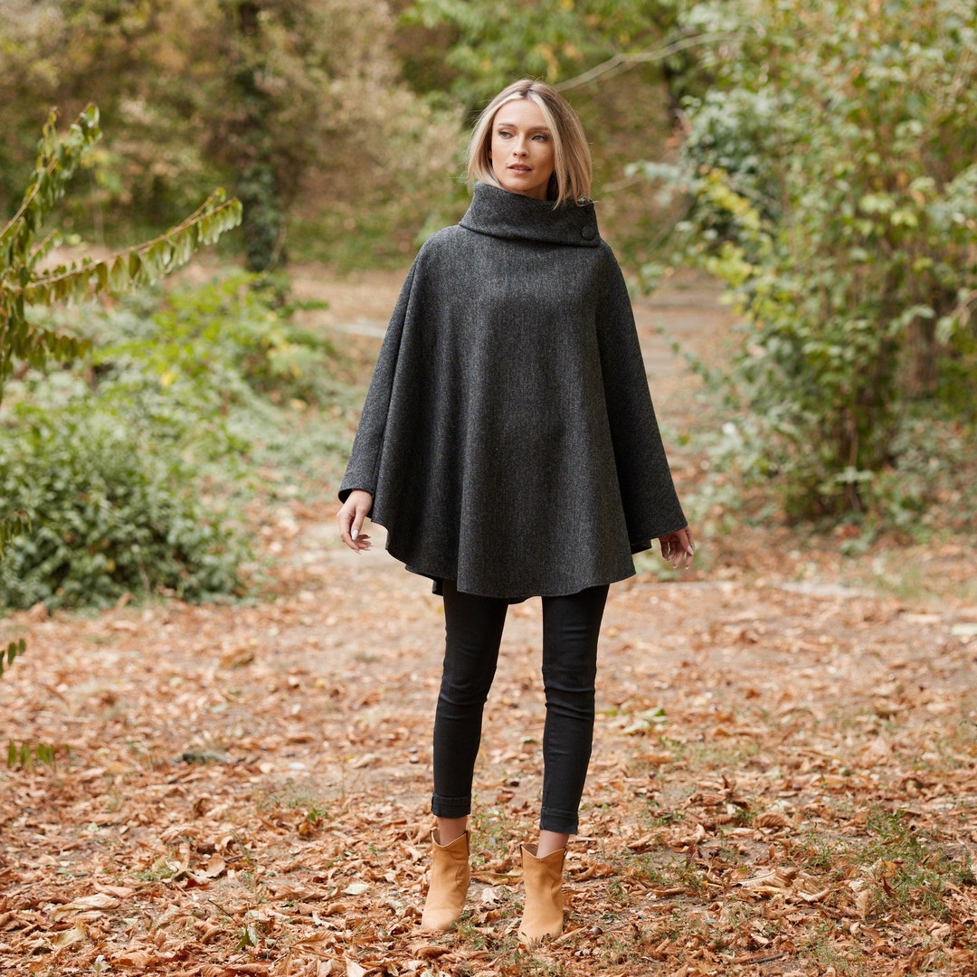 Irish Donegal Tweed Cape Poncho Classic Charcoal Herringbone