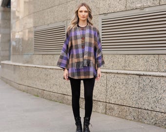Irish - Donegal Tweed Buttoned Cape / Poncho -  Purple  / Brown Plaid   - Ireland - Handcrafted - Ladies - One Size - Long
