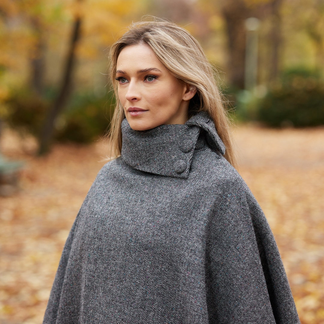 Irish Donegal Tweed Cape / Poncho Granite Grey Herringbone Ireland