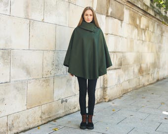 Irish - Donegal Tweed Cape / Poncho -  Irish Moss   - Ireland - Handcrafted - Ladies - One Size - Long