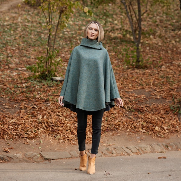 Irisch - Donegal Tweed Cape / Poncho - Mint Herringbone - Irland - Handarbeit - Damen - Einheitsgröße - Lang