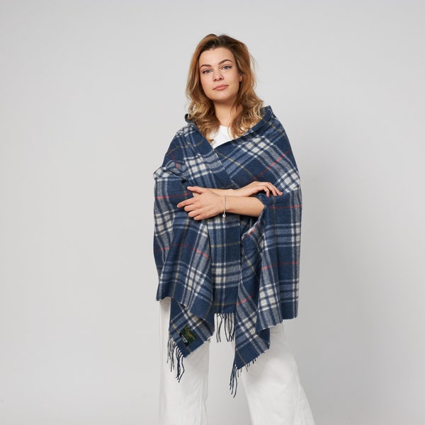 Irish Lambswool Wrap/Shawl  -Blue Plaid   - Handcrafted - One Size