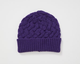 Bonnet de ski Irish Aran Merino - violet foncé - fait main - Irlande - taille unique - unisexe