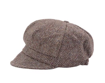 Irish - Donegal Tweed Newsboy Cap -  Brown / Beige  Herringbone  - Ireland - Handcrafted - Ladies