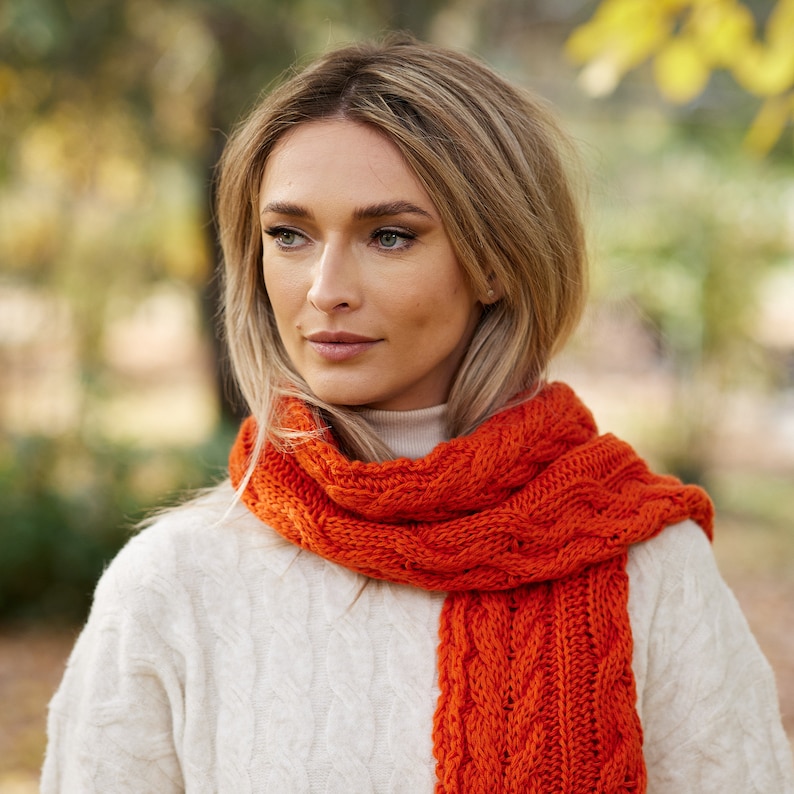 Irish 100% Merino Wool Aran Scarf Burnt Orange Handmade Ireland One Size Unisex image 3