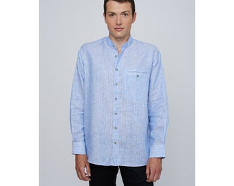 Classic Irish Linen Grandfather Shirt - Donegal Blauw - Classic Fit - Unisex