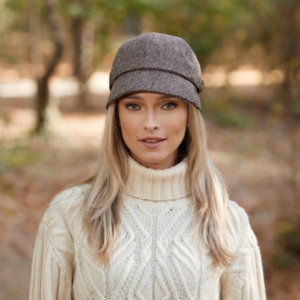 Irish - Donegal Tweed Flapper Cap - Donegal Braun/Beige Fleck Fischgräte - Irland - Handgefertigt - Damen