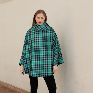 Irish Merino Tweed Cape / Poncho -  Emerald  Plaid  - Ireland - Handcrafted - Ladies - One Size - Long