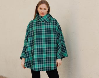 Irish Merino Tweed Cape / Poncho -  Emerald  Plaid  - Ireland - Handcrafted - Ladies - One Size - Long