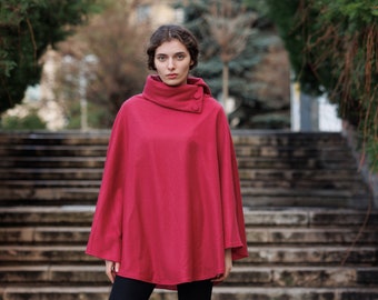 Irlandés - Capa / Poncho 100% Cachemira - Cerise Herringbone - Irlanda - Hecho a mano - Damas - Talla única - Largo