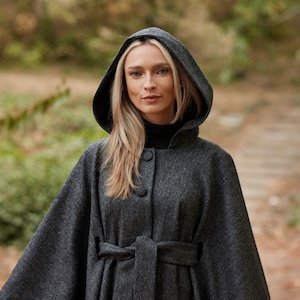 Irish - Donegal Tweed Hooded Belted Cape / Poncho - Charcoal Herringbone  - Ireland - Handcrafted - Ladies - One Size - Long