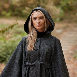 Irish - Donegal Tweed Hooded Belted Cape / Poncho - Charcoal Herringbone  - Ireland - Handcrafted - Ladies - One Size - Long