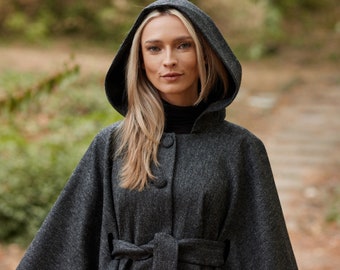 Irish - Donegal Tweed Hooded Belted Cape / Poncho - Charcoal Herringbone  - Ireland - Handcrafted - Ladies - One Size - Long