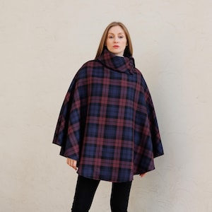 Irish Merino Tweed Cape / Poncho -  Plum Watch  Plaid  - Ireland - Handcrafted - Ladies - One Size - Long