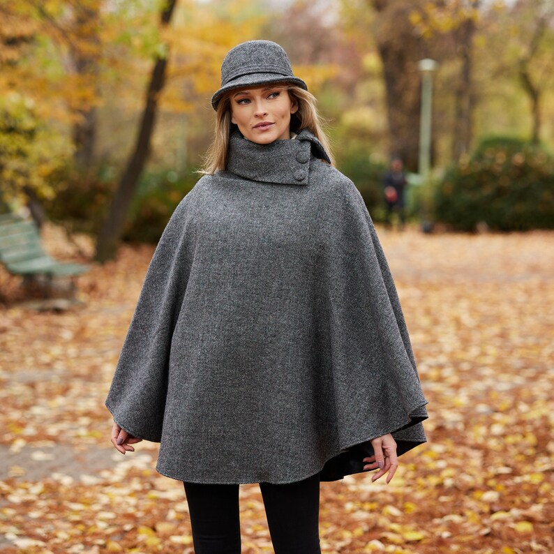 Irish Donegal Tweed Cape / Poncho Granite Grey Herringbone Etsy