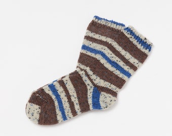 Irish Wool Walking Socks - Brown/Blue  Fairisle - Handcrafted - Size M =  UK 4-7 (EUR 37- 41 / US 5.5 - 8.5)