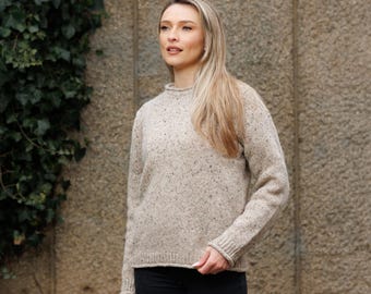 Irish Merino Wool  -  Classic Ribbed Roll Neck Fisherman Sweater - Donegal Butterscotch  - Ireland - Handcrafted - Unisex