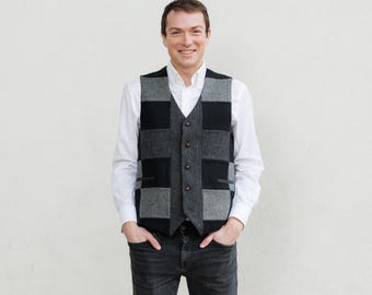 Irish - Donegal Tweed Patchwork Waistcoat - Classic Black Grey - Ireland - Handcrafted - Unisex