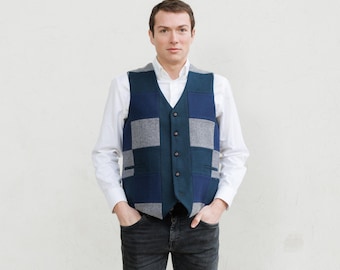 Irish - Donegal Tweed Patchwork Waistcoat - Classic Green /  Blue / Grey - Ireland - Handcrafted - Unisex