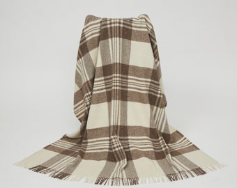 Irish Wool / Alpaca Throw -  Mocha / Beige  Plaid  - Handcrafted - One Size
