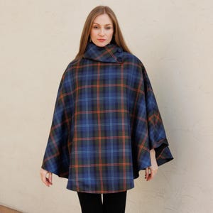 Irish Merino Tweed Cape / Poncho -  Classic Blue / Orange Plaid  - Ireland - Handcrafted - Ladies - One Size - Long