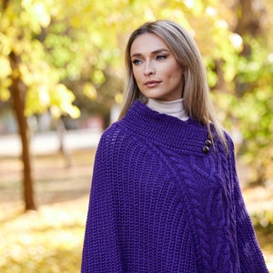 Irish - Traditional Merino Wool  Aran Poncho -  Deep Purple   - Ireland - Handcrafted - Ladies - One Size