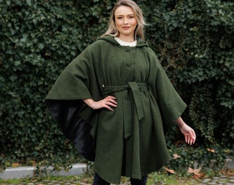 Irish - Donegal Tweed Hooded Belted Cape / Poncho - Olive  Herringbone  - Ireland - Handcrafted - Ladies - One Size - Long